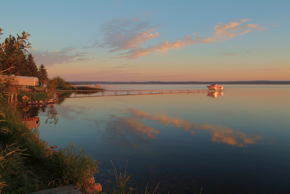 body of water near green trees during sunset