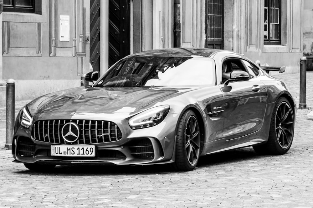 grayscale photo of mercedes benz coupe