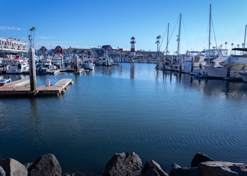 A serene marina with several boats docked along piers, surrounded by calm water. A red and white lighthouse stands in the distance, with red-roofed buildings nearby. The scene is bathed in clear blue skies, with a few scattered palm trees adding to the coastal atmosphere.