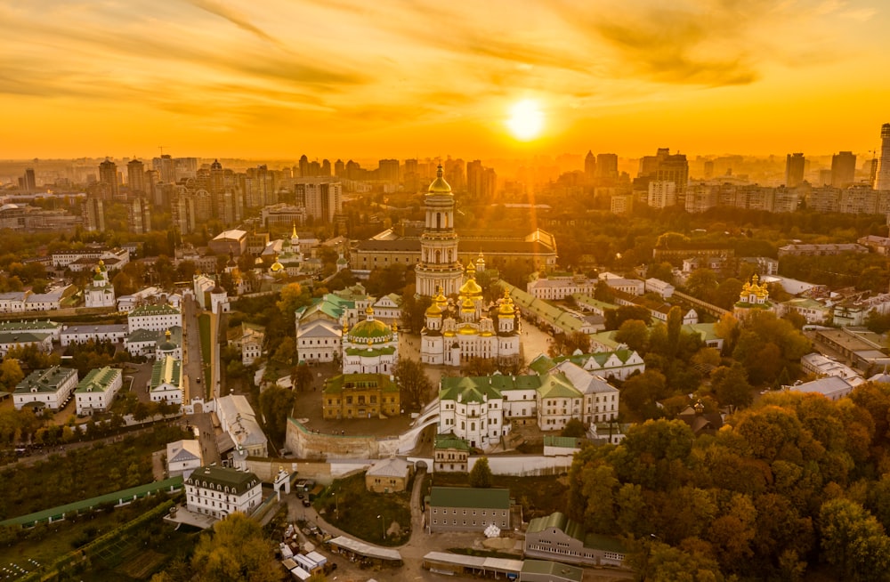 aerial view of city during sunset