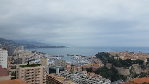 A coastal cityscape featuring a large marina filled with numerous yachts and boats. The city includes a mix of modern and traditional architecture, with high-rise buildings and historical structures. To the right, there is a hilly area covered in green vegetation, and the sea stretches into the distance under a cloudy sky.