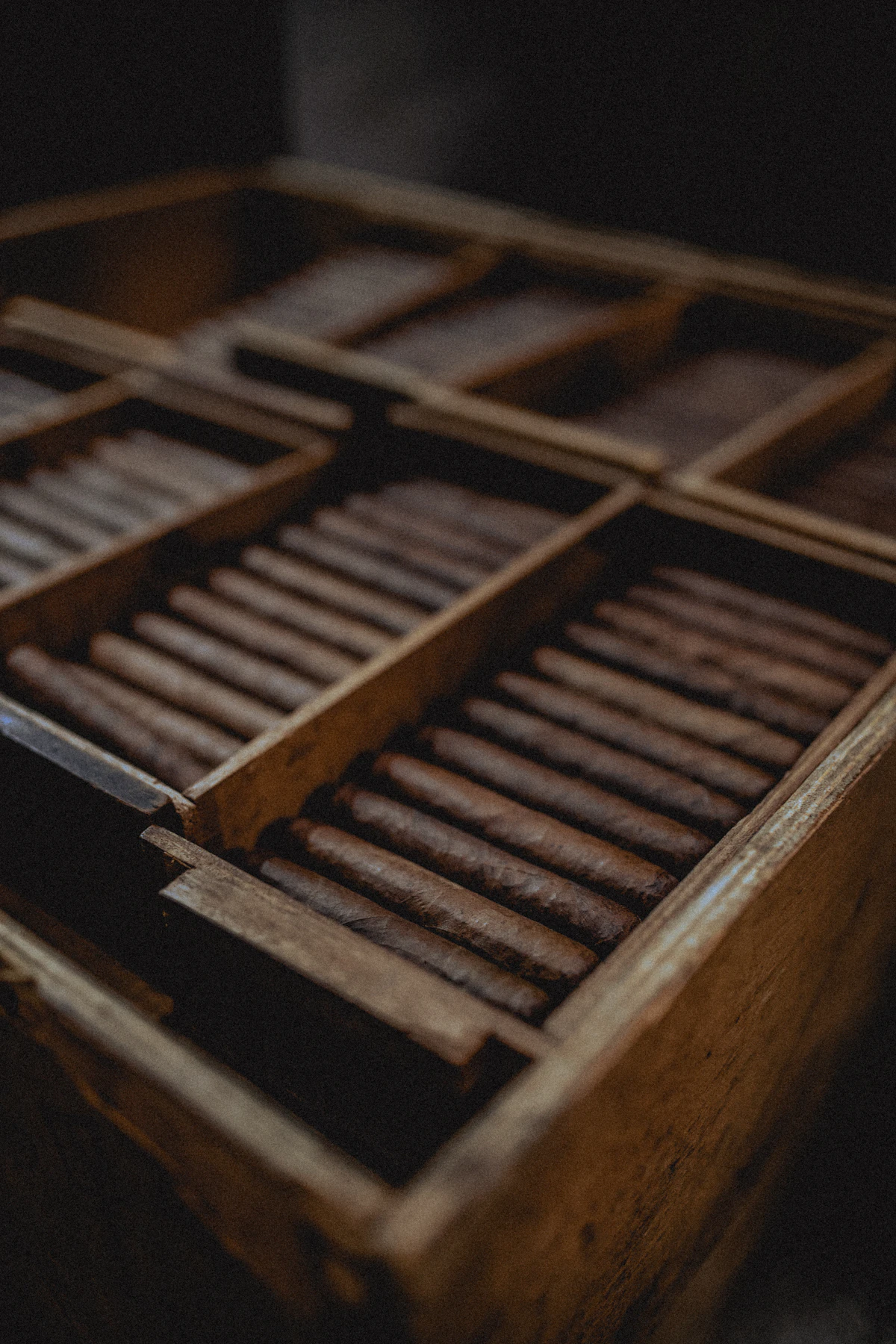 Lit cigar with smoke rising in a dim moody atmosphere