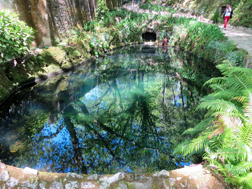 A quiet moment of reflection by a calm pond surrounded by soft sand beige pathways.