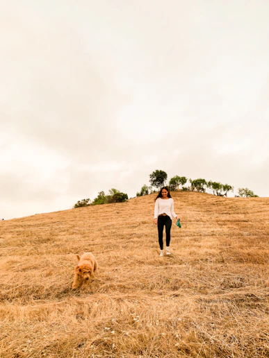 man and woman walking on brown grass field during daytime