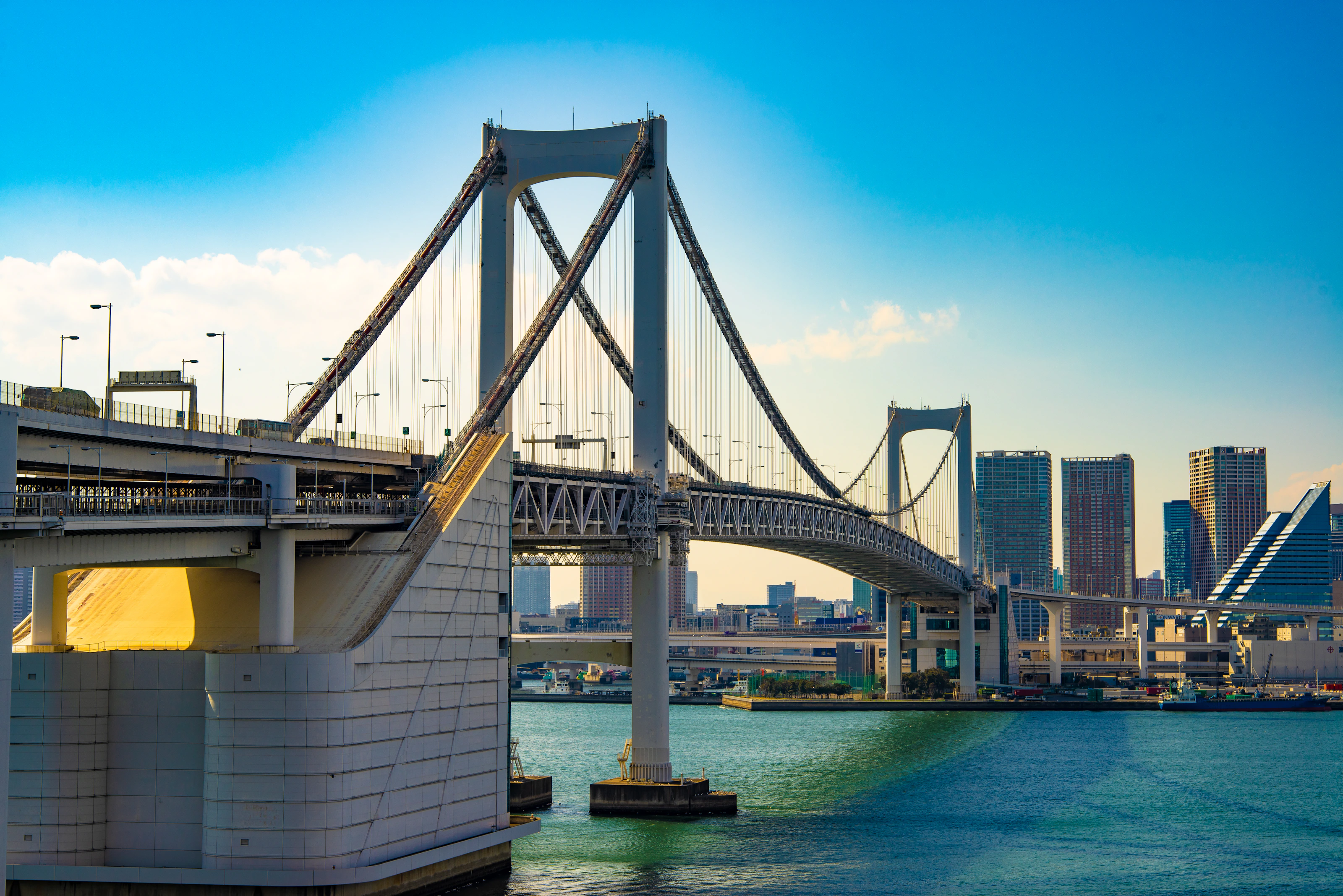 藍天與碧海之間，東京灣的彩虹大橋展現台場一帶開闊明亮的都市景致。