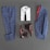 A flat lay composition featuring a stylish men's outfit. The ensemble includes a blue plaid suit jacket and matching trousers, a white dress shirt with a black tie, and a pair of brown leather Chelsea boots. The interior lining of the jacket is red, adding a touch of elegance.