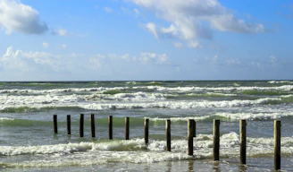 A coastal scene with wooden posts protruding from the sea, waves crashing against them under a partly cloudy sky.