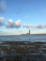 A large mosque with a tall minaret stands by the sea, under a vast blue sky with scattered clouds. In the foreground, rocky tide flats are partially submerged by water, and the cityscape stretches along the horizon.