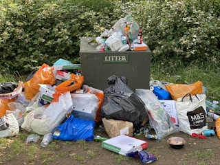 garbage bags on green grass field