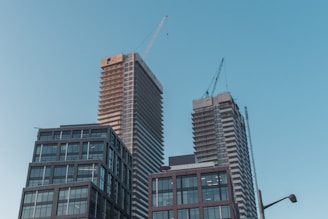 Several modern high-rise buildings under construction with cranes on top, set against a clear blue sky. The buildings have a grid-like pattern of windows and are predominantly made of concrete and glass.