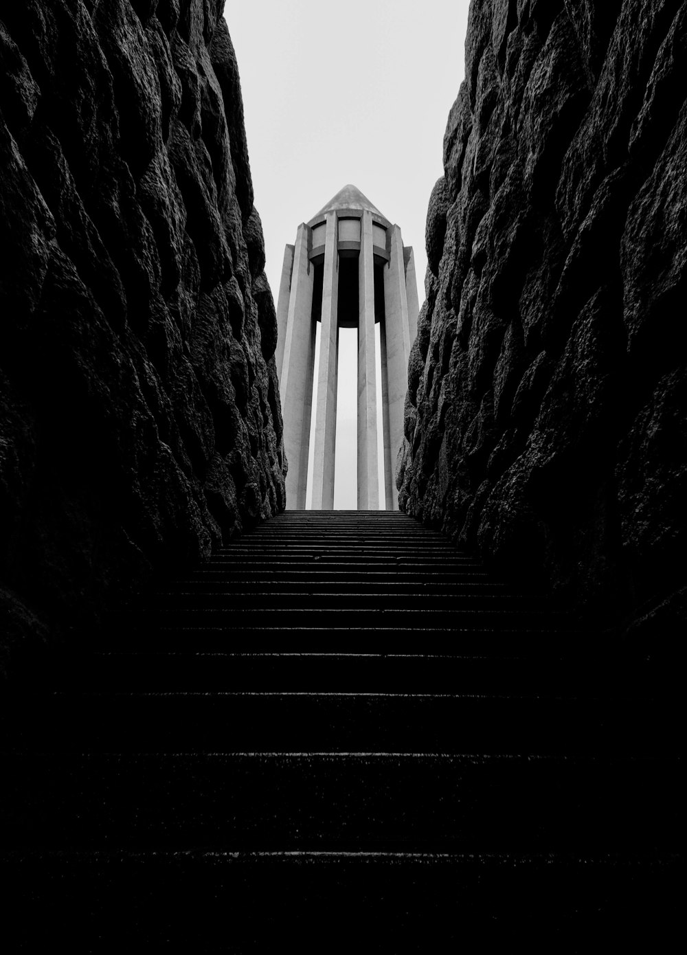 grayscale photo of wooden stairs