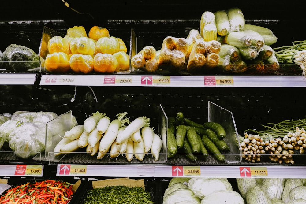 yellow and green vegetables on white shelf