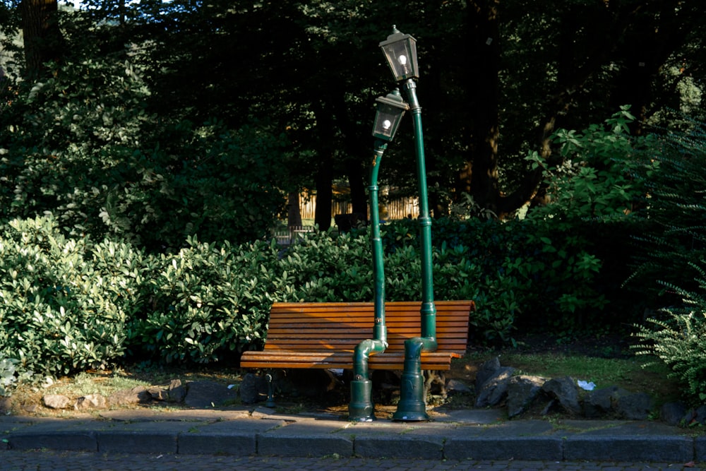 brown wooden bench near green trees during daytime