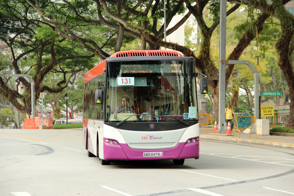 pink and white bus on road during daytime