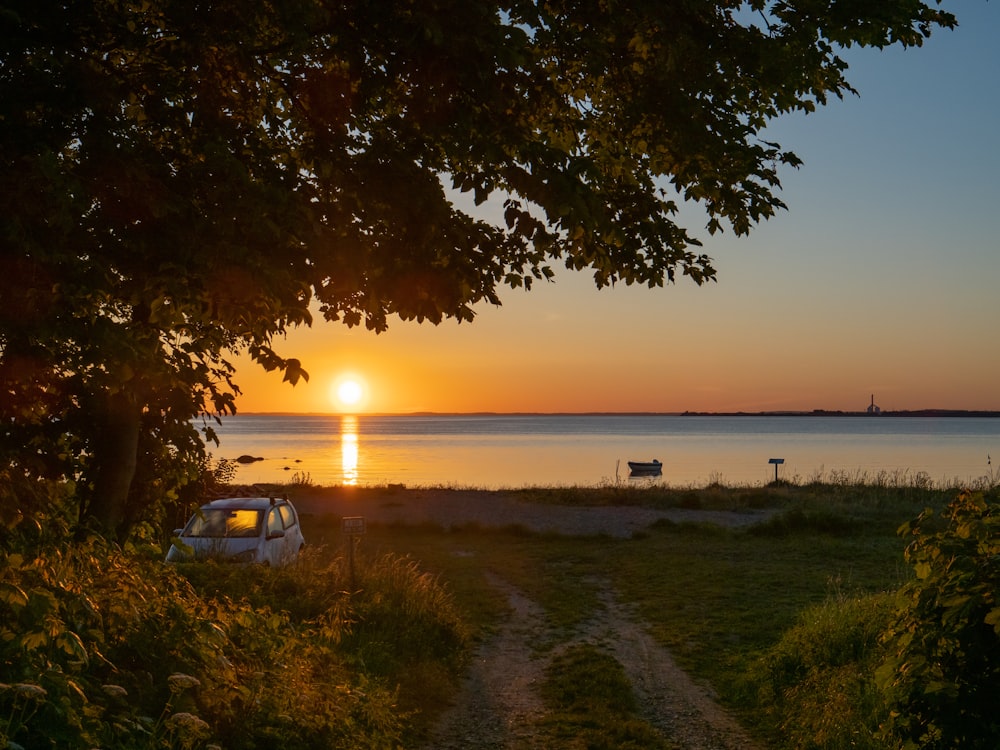 white car parked beside green grass field during sunset