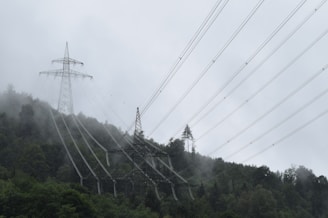 High-voltage power lines stretch across a misty, forested hillside. The tall transmission towers rise above the dense greenery, shrouded in fog that adds a mysterious atmosphere to the scene. The cables create a linear pattern against the overcast sky, emphasizing the engineering amidst natural surroundings.