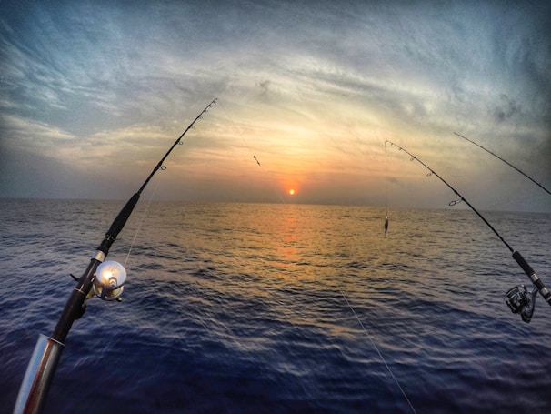 Fishing rods are positioned over a calm sea at sunset, with the sun descending near the horizon casting warm colors across the sky and water.