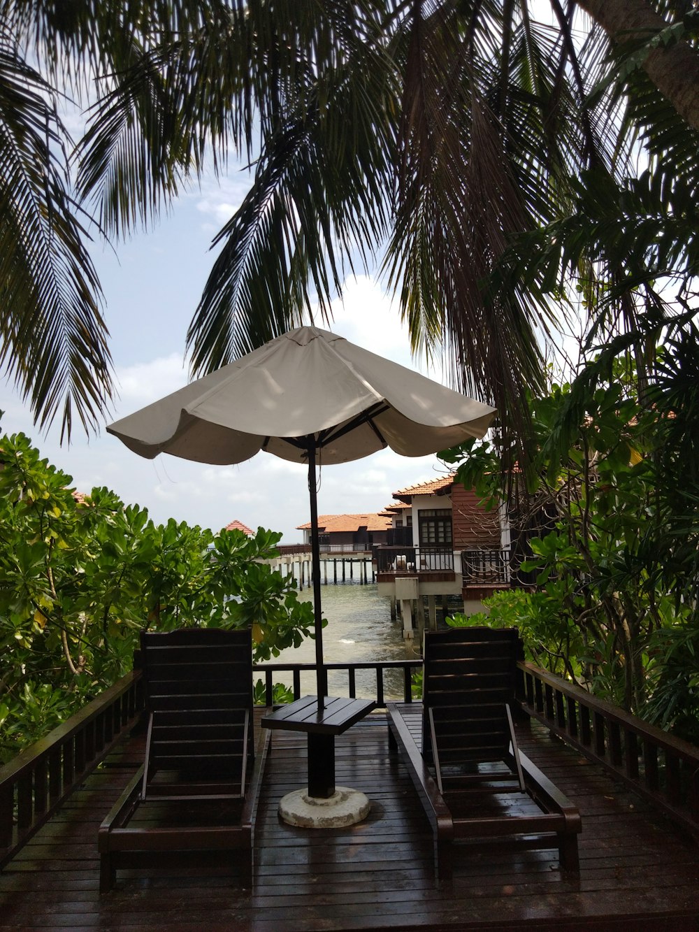 white patio umbrella near green palm trees during daytime