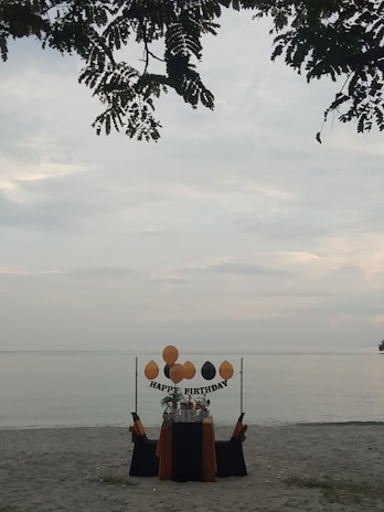 A solitary birthday setup on a sandy beach with a table adorned in black and orange fabric. Balloons are arranged above the table with a 'Happy Birthday' sign, and leaves from a tree partially frame the top of the scene, with a calm sea in the background.