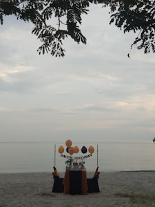 A solitary birthday setup on a sandy beach with a table adorned in black and orange fabric. Balloons are arranged above the table with a 'Happy Birthday' sign, and leaves from a tree partially frame the top of the scene, with a calm sea in the background.