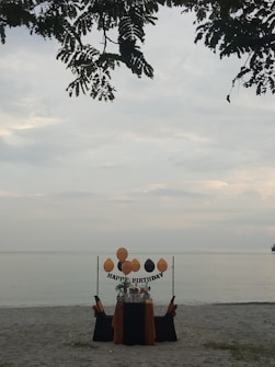 A solitary birthday setup on a sandy beach with a table adorned in black and orange fabric. Balloons are arranged above the table with a 'Happy Birthday' sign, and leaves from a tree partially frame the top of the scene, with a calm sea in the background.