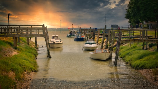 white and blue boat on sea dock during sunset in Talmont-sur-Gironde France