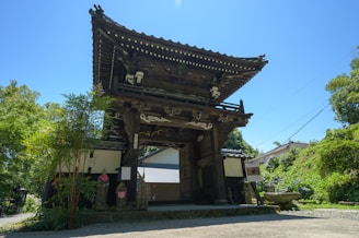 A sturdy wooden garden gate with intricate carvings surrounded by lush greenery.