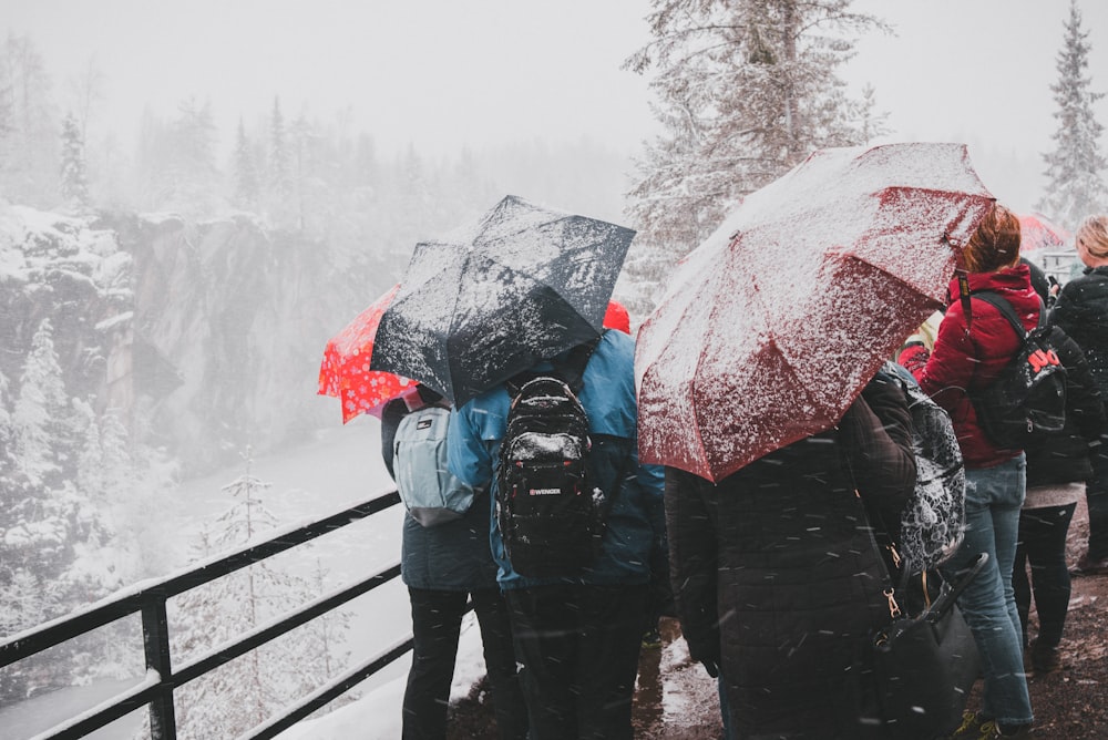 person in blue jacket and blue denim jeans holding red umbrella walking on snow covered pathway