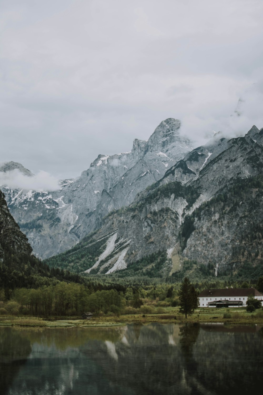 green trees near mountain under white sky during daytime