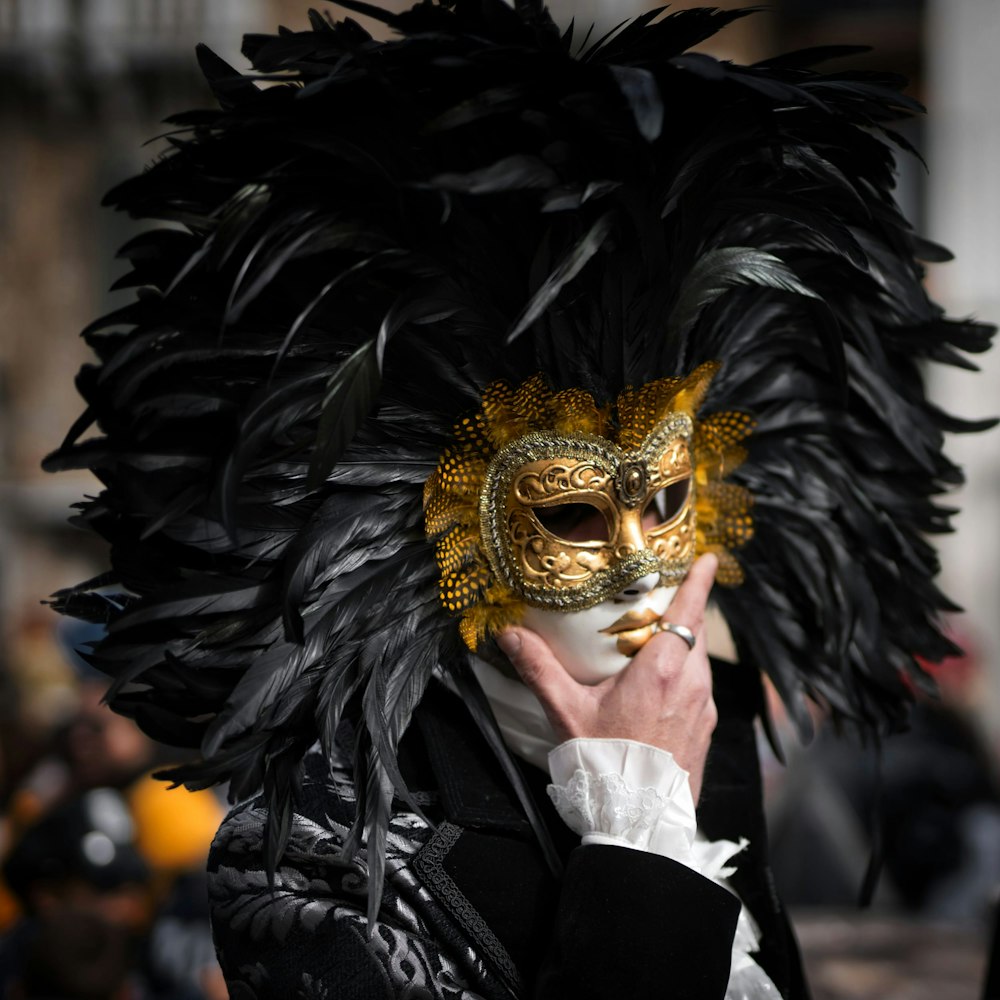 person in black and white costume