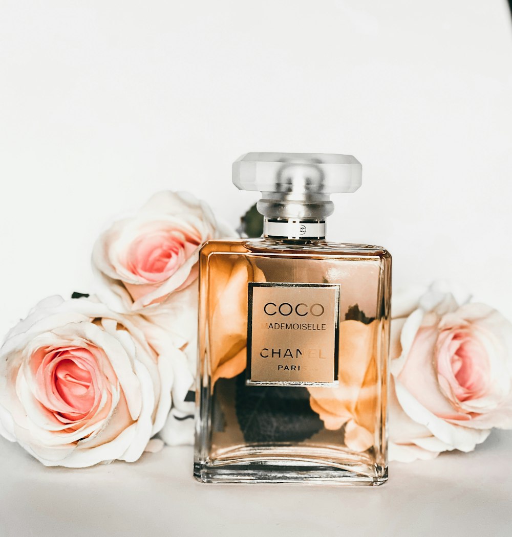 Flacon de parfum doré à côté de rose rose