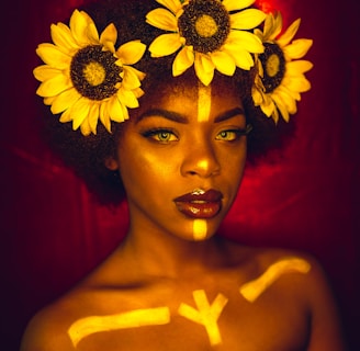 woman with yellow sunflower on her head