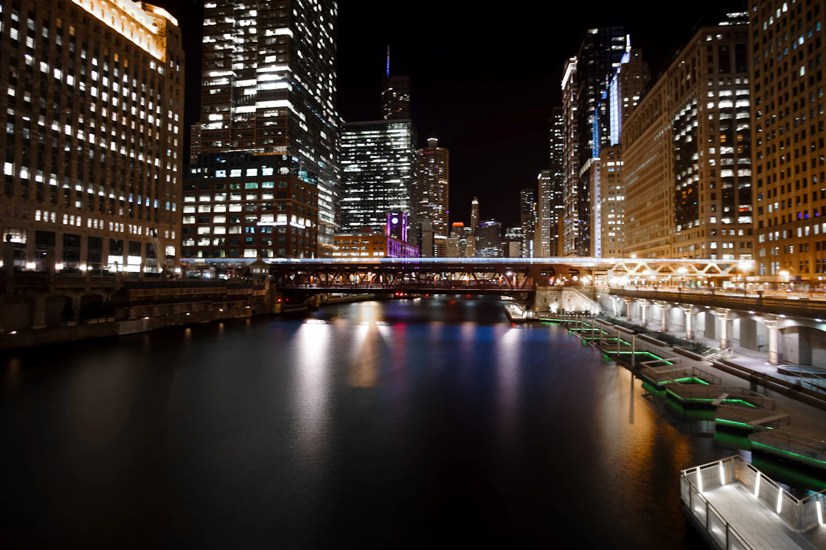 Chicago Riverwalk and skyline at night