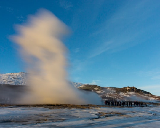 white smoke coming out from a water fountain in Snæfellsnes Iceland