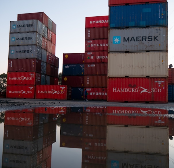 red and blue cargo containers