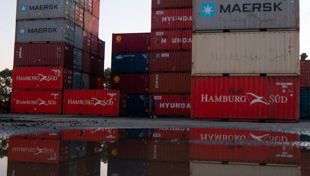 red and blue cargo containers