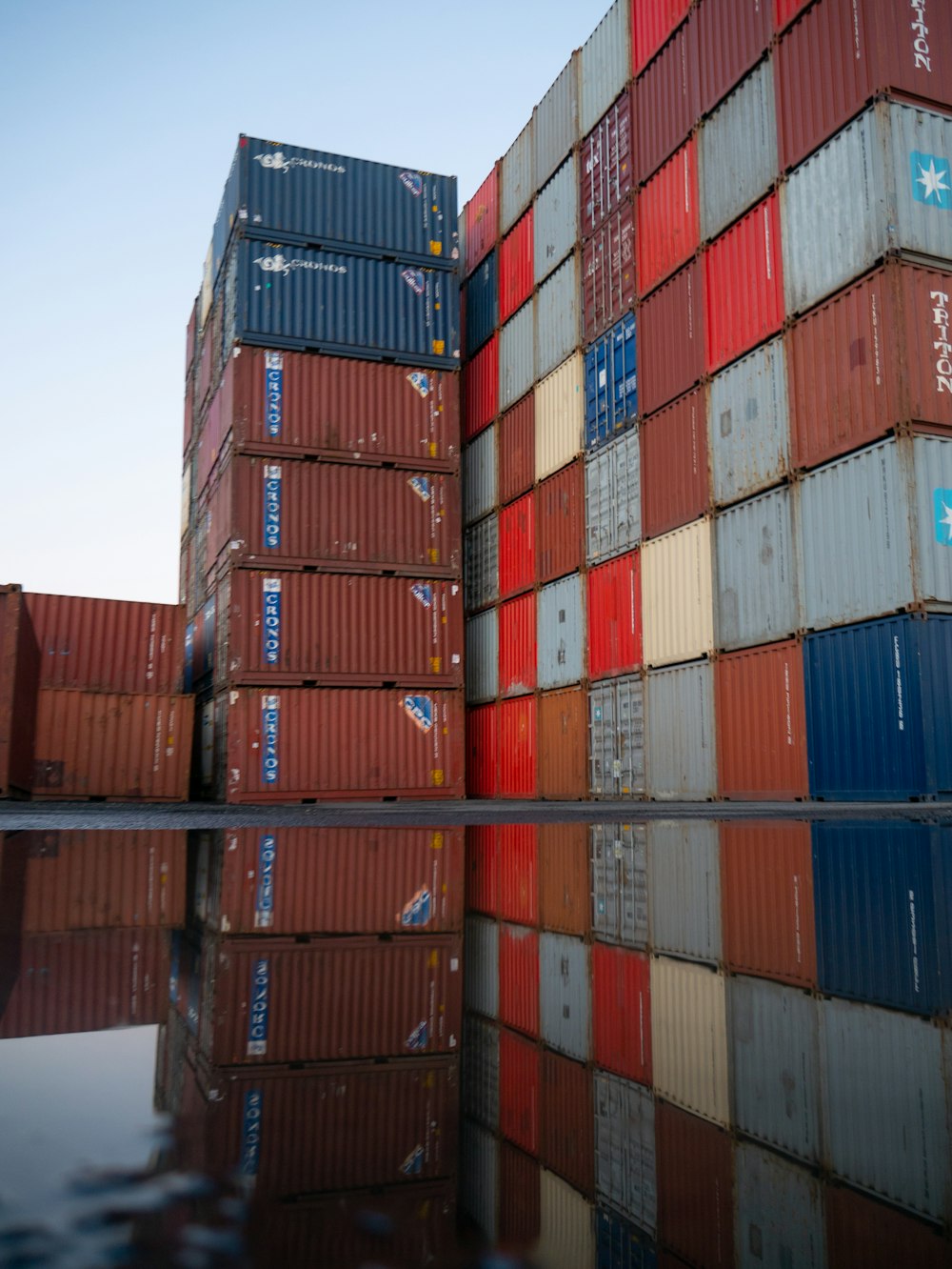 red blue and yellow intermodal containers