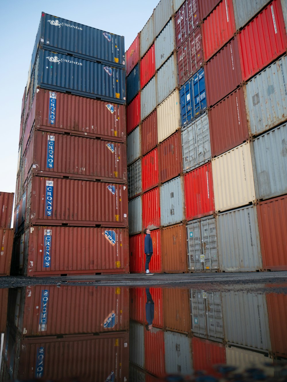 red blue and yellow intermodal containers