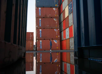 red and blue cargo containers