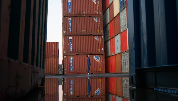 red and blue cargo containers