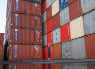 red blue and yellow intermodal containers