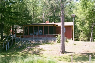 A rustic wooden cabin surrounded by lush trees and natural greenery, with a staircase leading up to a screened porch. The cabin is set on a hillside and is bathed in sunlight, giving a serene and quiet atmosphere. The surroundings are filled with tall pine trees and a few rocks scattered along the ground.