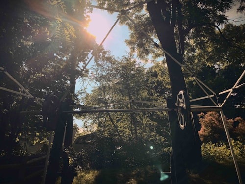 A sunlit scene with metal framing and a gear-like structure partially obscured by lush green trees. Sunlight filters through the leaves, creating a warm glow and lens flare effects.