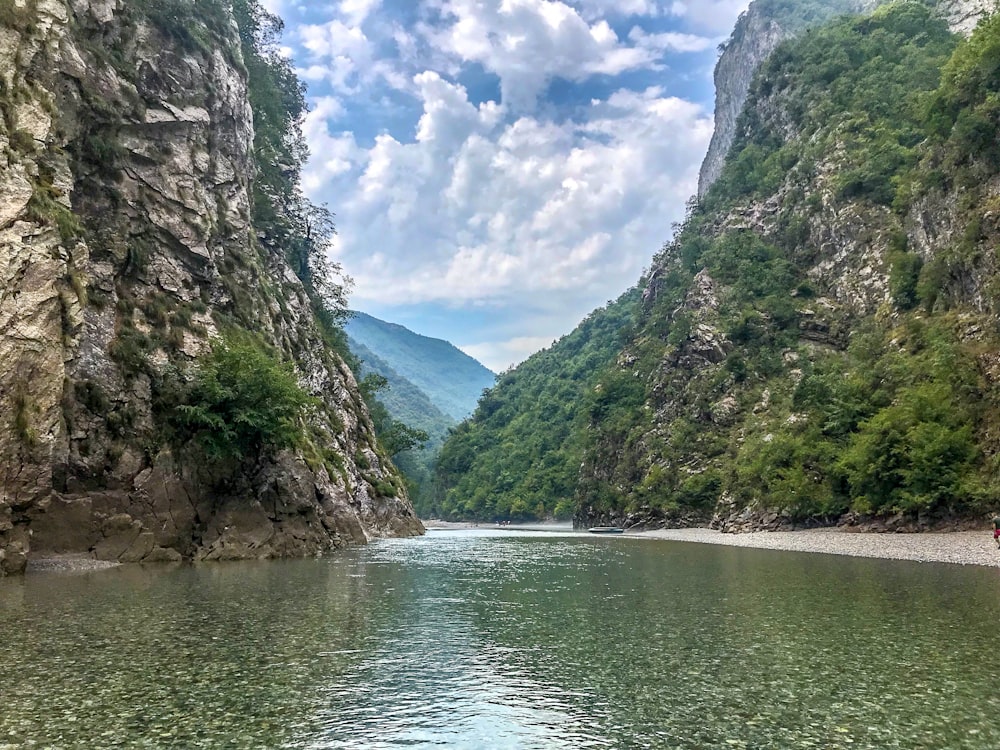 río entre árboles verdes y montañas bajo el cielo azul y las nubes blancas durante el día