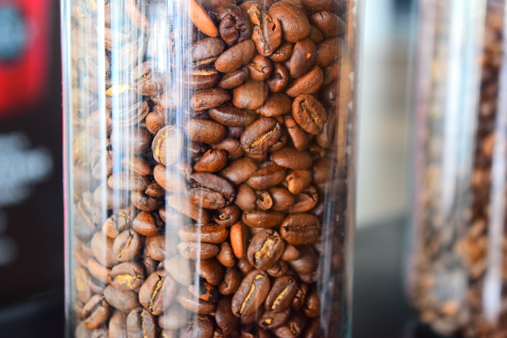 brown coffee beans in clear glass container