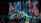 A dark room is filled with people viewing a digital art installation featuring cascading virtual waterfalls against an ethereal backdrop. The artwork is interspersed with vivid floral patterns, creating a vibrant and immersive environment.