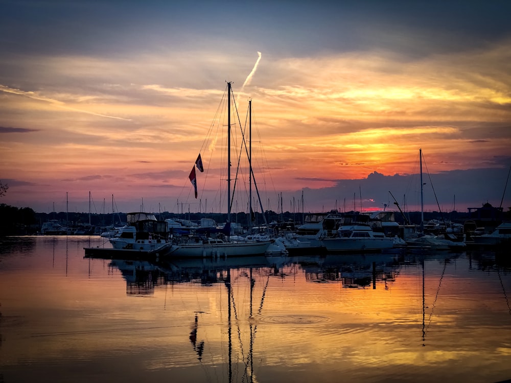 white and blue boats on sea during sunset