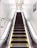An escalator in a tiled interior space, with metal handrails and steps marked with yellow safety lines. The walls are covered with small white tiles and there are signs in Japanese, indicating a location in Japan.