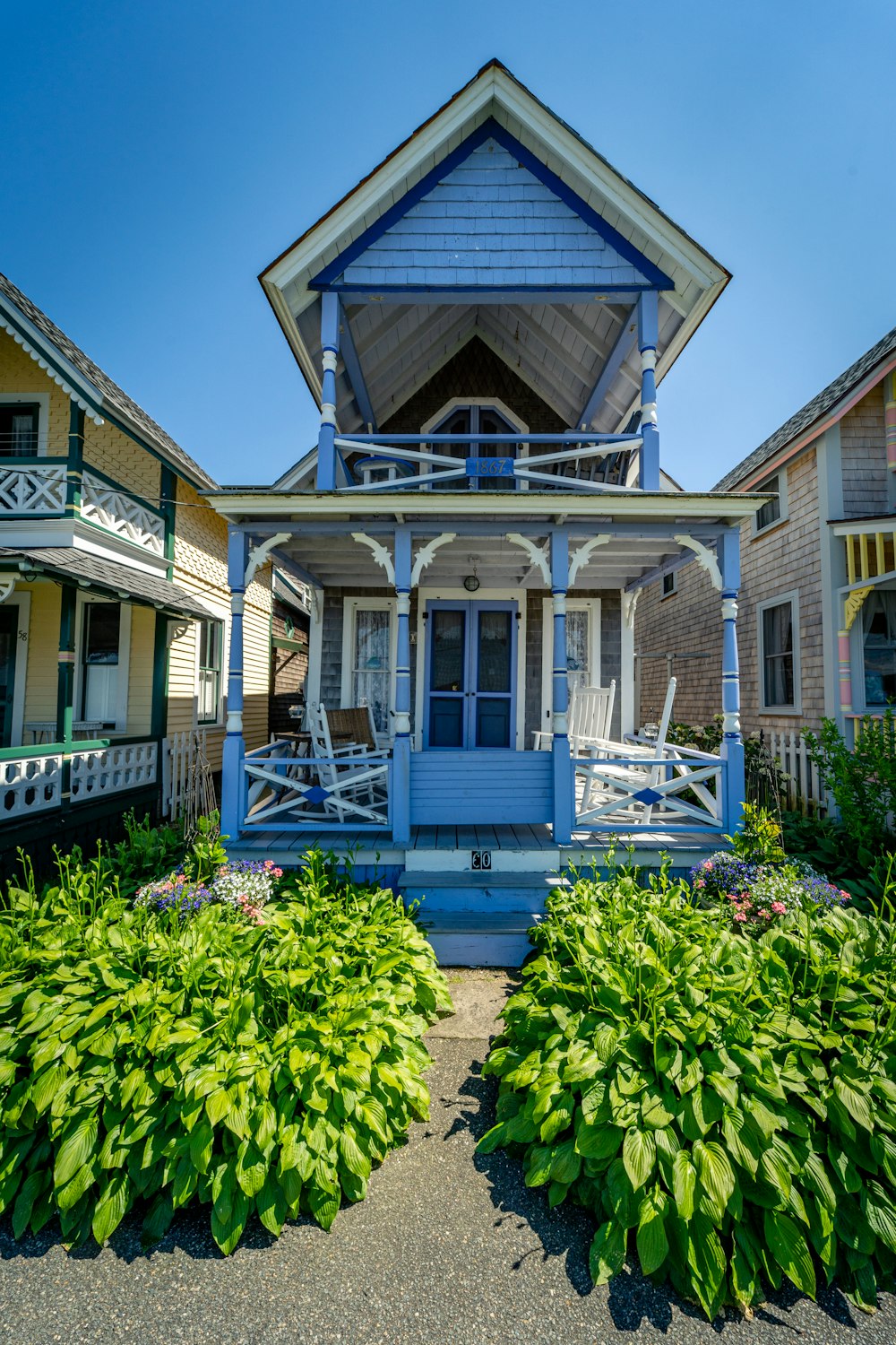 white and blue wooden house surrounded by green plants