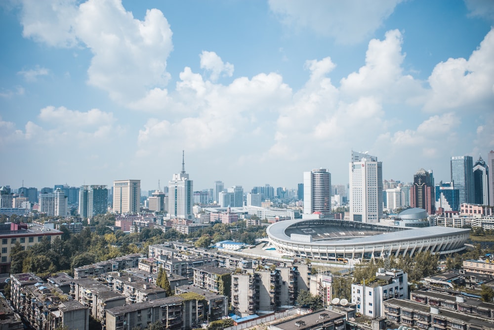 a view of a city with tall buildings